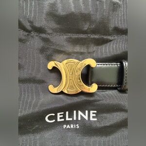 Celine Black Leather Belt with Gold Logo Buckle